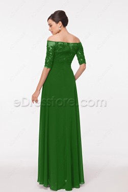 Off the Shoulder Modest Emerald Green Formal Dresses with Sleeves