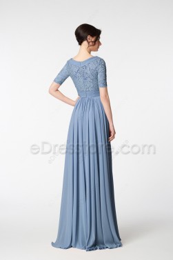 Modest Periwinkle Bridesmaid Dress Elbow Sleeves with Lace Top and Bow