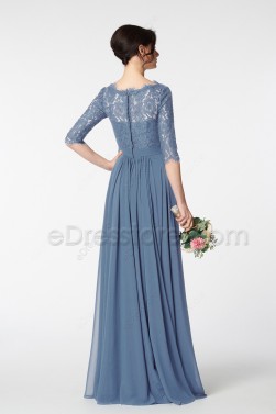 Lace Modest Periwinkle Bridesmaid Dress Three Quarter Sleeves