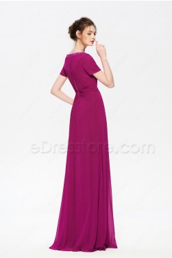 Magenta Modest Long Bridesmaid Dresses with Short Sleeves