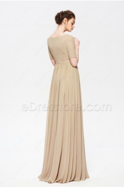 Champagne Modest Beaded Long Evening Dresses with Sleeves