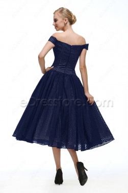 Off the Shoulder Navy Blue Vintage Prom Dresses Tea Length