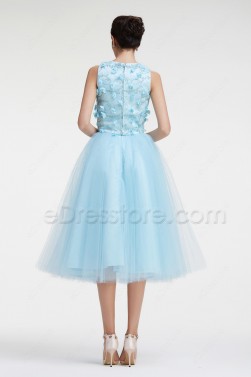 Light Blue Two Piece Prom Dresses Tea Length with Embroidery