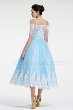 Blue Off the Shoulder Vintage Prom Dresses with Sleeves