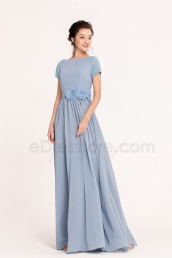 Dusty Blue Beaded Modest Bridesmaid Dress with short sleeves
