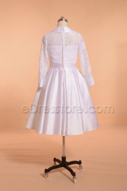 Modest White Lace First Communion Dresses with Long Sleeves Knee Length
