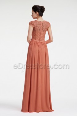 Lace Terracotta Bridesmaid Dresses Modest with Cap Sleeves
