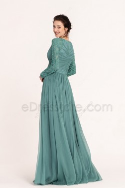 Modest Dusty Green Bridesmaid Dresses Long Sleeves
