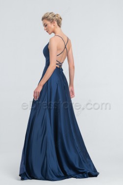 Navy Backless Prom Dress with Slit