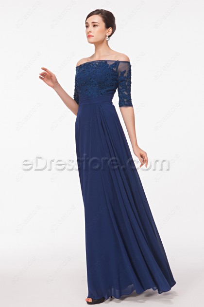Off the Shoulder Modest Lace Navy Blue Prom Dresses with Half Sleeves