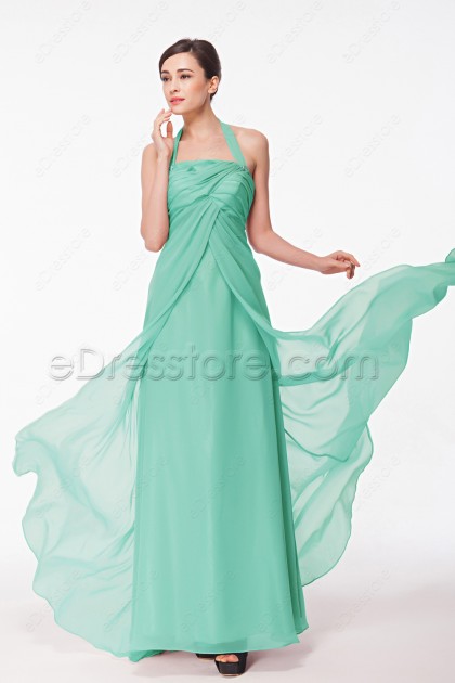 Halter Mint Green Chiffon Prom Dress Long