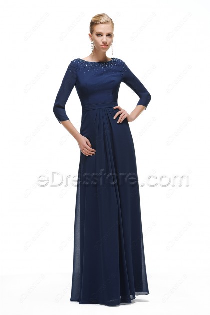 Navy Blue Modest Prom Dress with Sleeves Beaded Neckline
