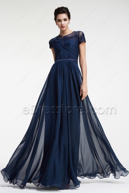 Dark Blue Prom Dresses Sleeves