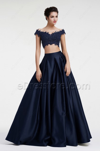 Navy blue Off the Shoulder Ball Gown Two Piece Prom Dress
