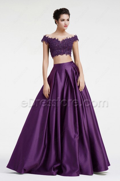 Purple Two Piece Off the Shoulder Pageant Evening Dress Prom Dress