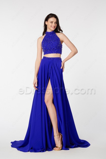 Royal Blue Two Piece Beaded Prom Dresses with Slit
