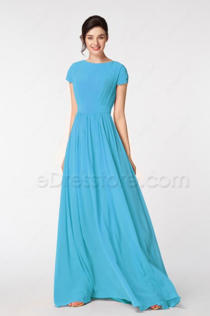 Sky Blue Modest Prom Dresses Long with Cap Sleeves