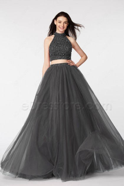 Charcoal Grey Beaded Sparkle Two Piece Prom Dresses
