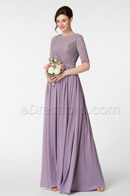Wisteria Purple Modest Bridesmaid Dress with Elbow Sleeves