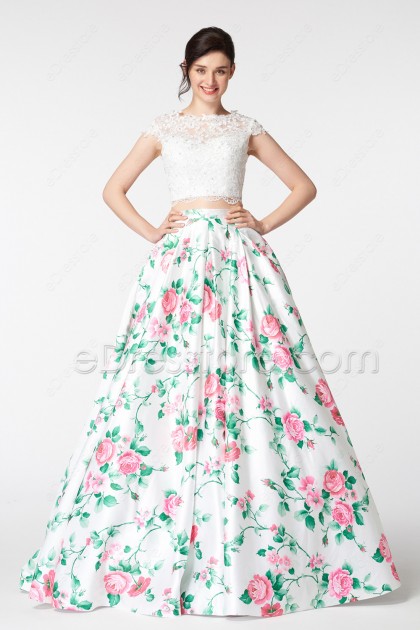 White Ball Gown Long Floral Prom Dresses Cap Sleeves