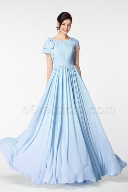 Blue Modest Prom Dress Long with Beadings