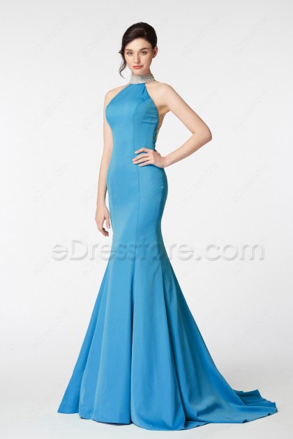 High Neck Sparkle Aqua Blue Mermaid Backless Prom Dresses