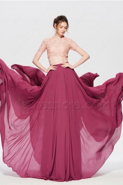 Pink Maroon Two Piece Flowing Modest Prom Dress Long