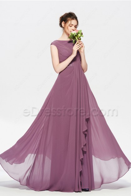 Modest Beaded Dusty Purple Long Bridesmaid Dress Cap Sleeves