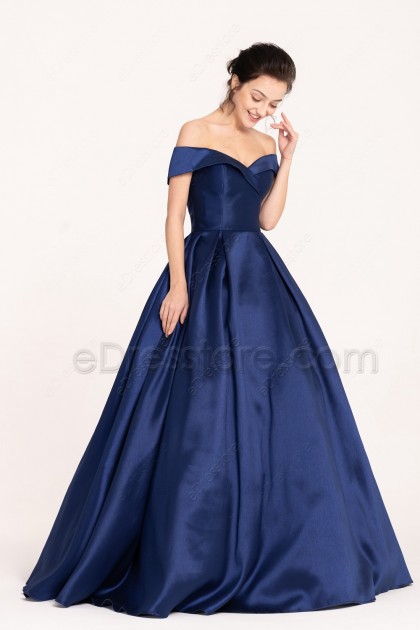 Long Prom Dresses with Side Pockets Vintage Off the Shoulder Navy Blue Prom Gown