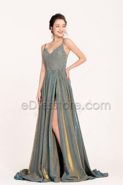 Sparkle Metalic Long Prom Dresses with Slit Spaghetti Straps Side Pockets