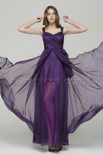 Purple Long Evening Dresses with See Through Skirt