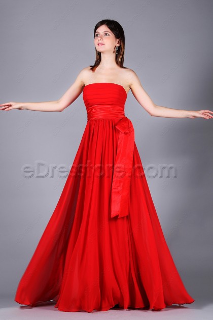 Strapless Red Chiffon Formal Dresses