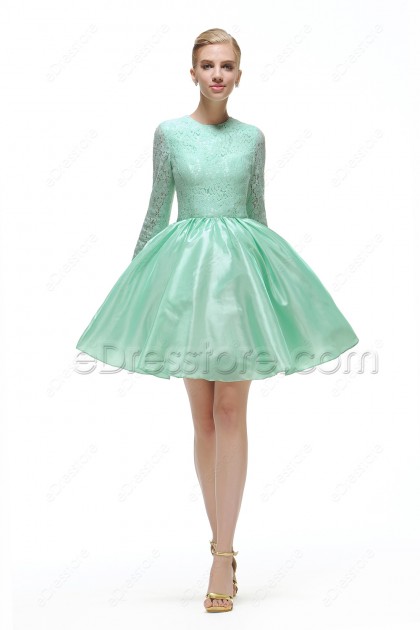 Mint Green Modest Short Prom Dress with Sleeves