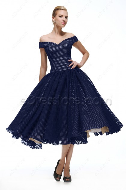 Off the Shoulder Navy Blue Vintage Prom Dresses Tea Length