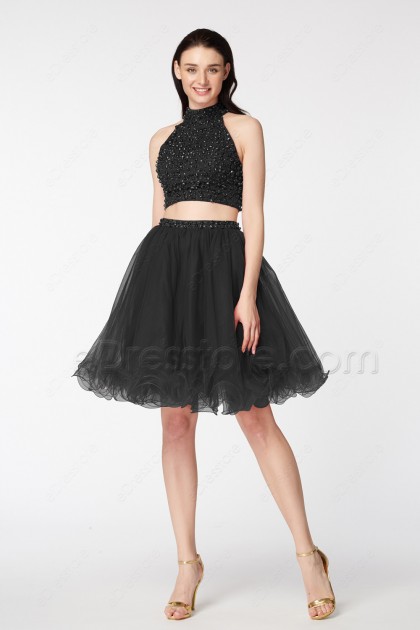Black Two Piece Beaded Cocktail Dresses