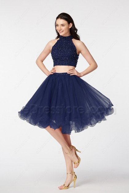 Navy Blue Beaded Two Piece Homecoming Dresses Short