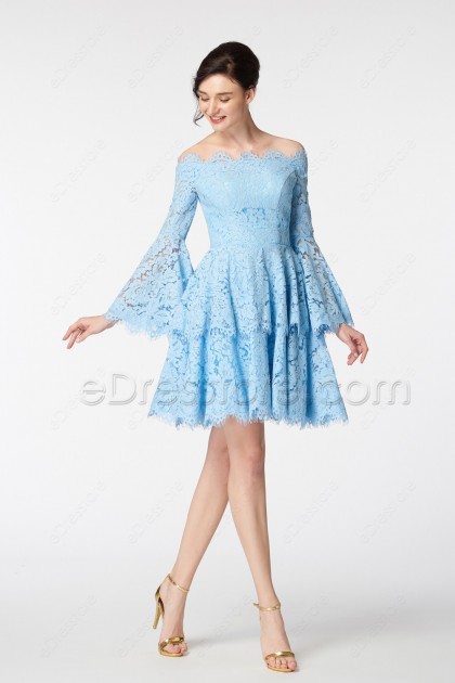 Scalloped Light Blue Off the Shoulder Boho Tiered Short Prom Dress Long Sleeves