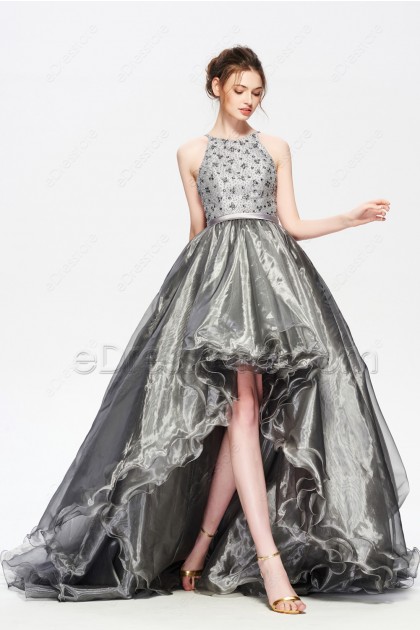 silver high low prom dress