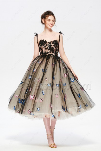 Black Champagne Vintage Ball Gown Prom Dress with Butterfly Embroidery