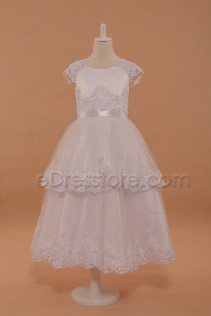 Lace White Girl's First Communion Dress Tea Length