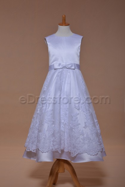 Sleeveless Lace Girl's First Communion Dress Tea Length