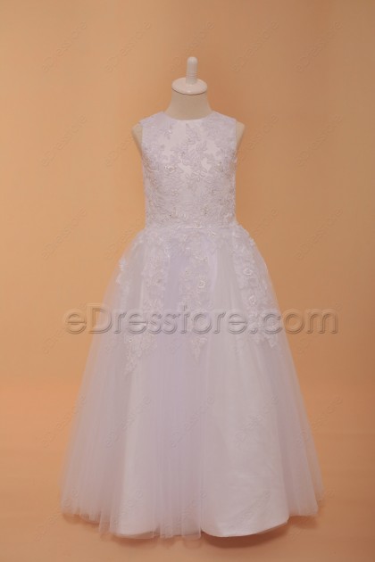 Lace White Beaded Poofy Girl First Holy Communion Dresses Ankle Length