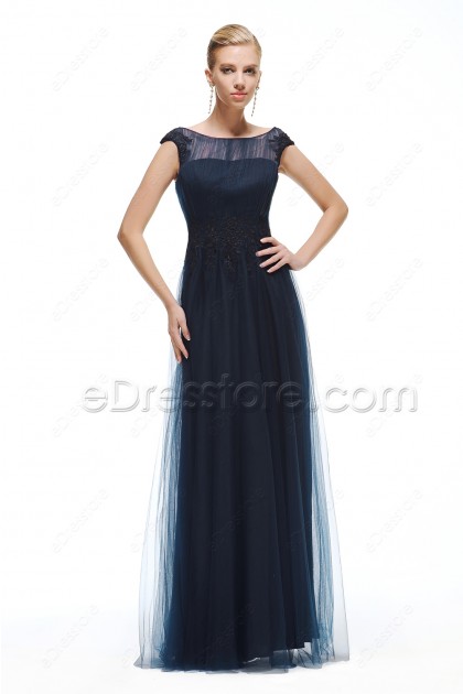 Navy Blue Modest Prom Dresses Long Cap Sleeves
