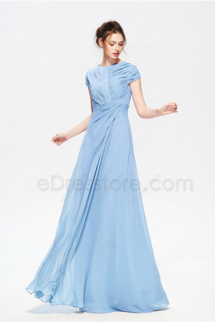 Modest Sky Blue Bridesmaid Dresses with Beadings