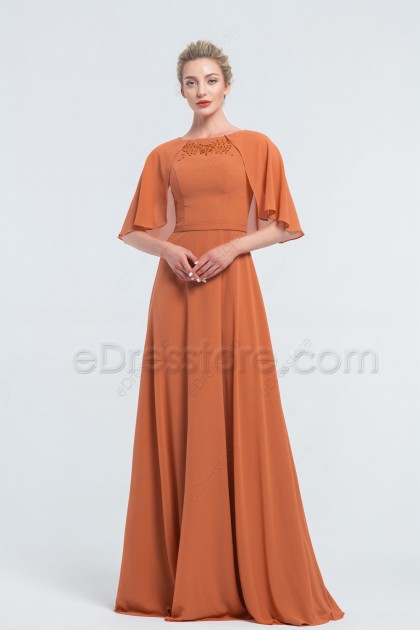 Modest Terracotta Bridesmaid Dresses with Capelet