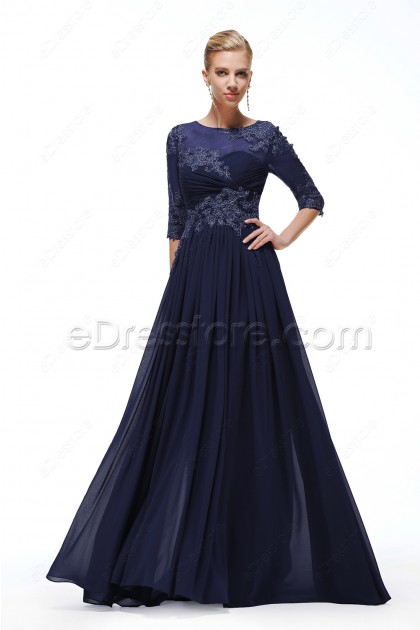 Plus SIze Navy blue Modest Formal Dress with Sleeves