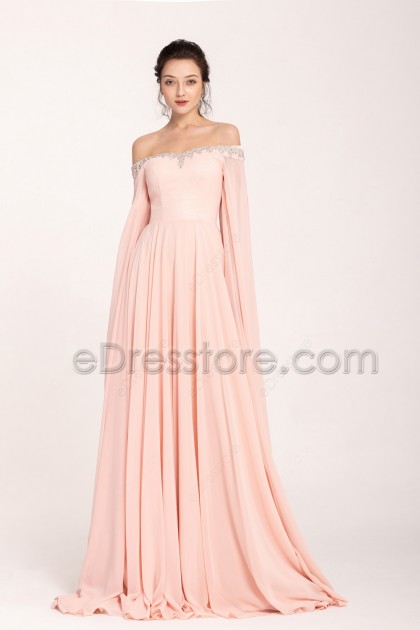 Peach Pink Beaded long Prom Dresses Cape Sleeves Train Glamourous