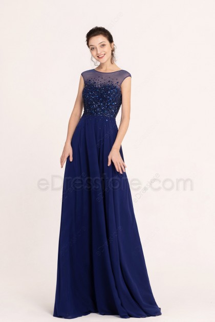 Sparkle Beaded Navy Blue Modest Prom Dresses Long Cap Sleeves