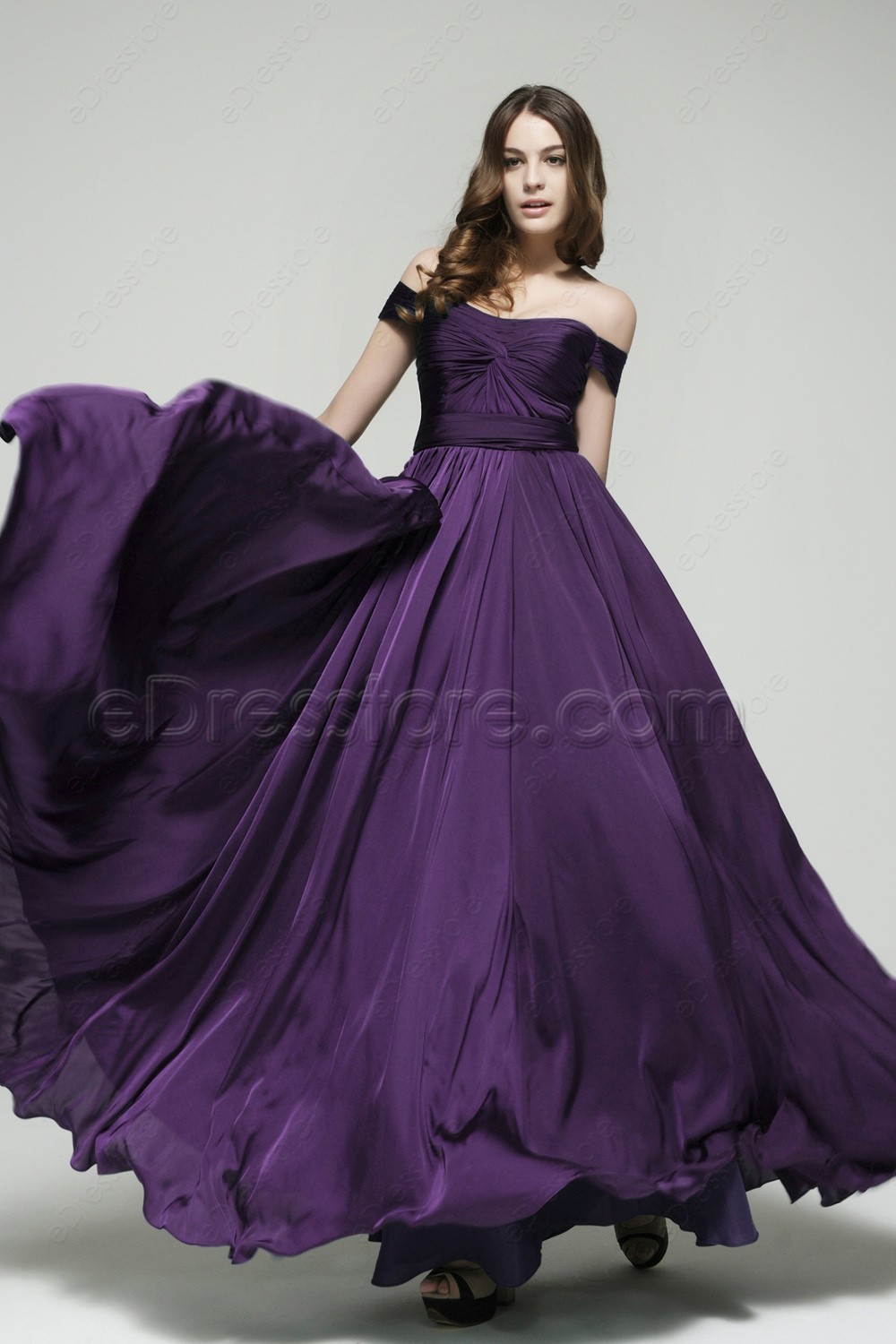 Off the Shoulder Purple Eggplant Bridesmaid Dresses