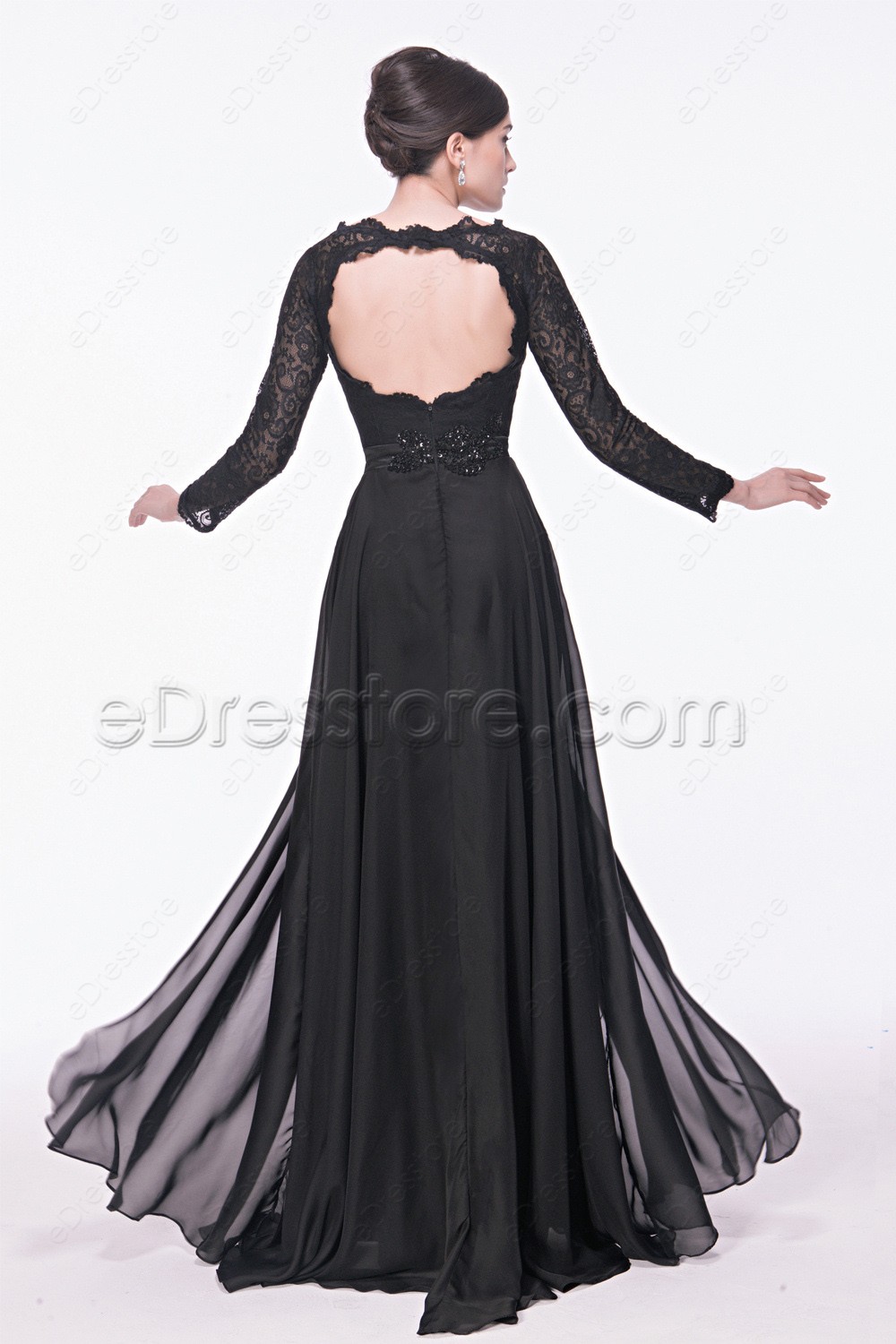 black long sleeve backless gown